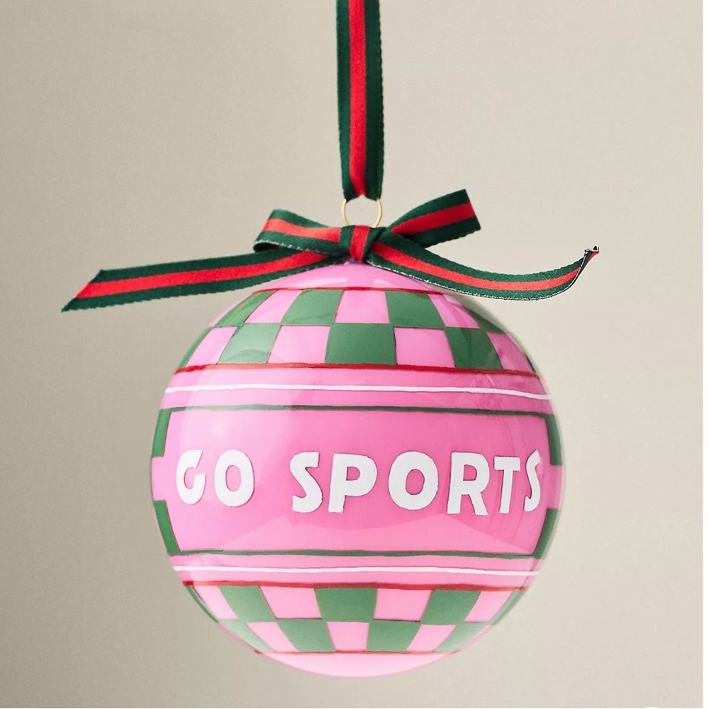 Anthropologie Go Sports Glass Ornament “Go Sports” NWT 4” Pink & Green